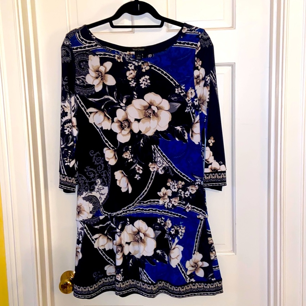 White House Black Market Black, White & Royal Blue Blouson Tunic Top